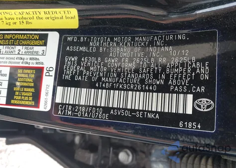 2012 Toyota Camry Le из США, поврежденный, VIN 4T4BF1FK9CR261440